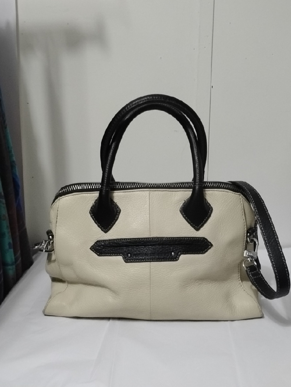 Aimee Kestenberg Classic Two-Tone Leather Satchel Bag - Cream and Black